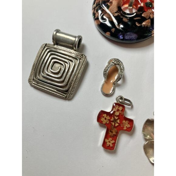 Vtg 925 Sterling Silver Pendant Lot Large Glass Resin Shell Cross Greek Mexico - Picture 3 of 8